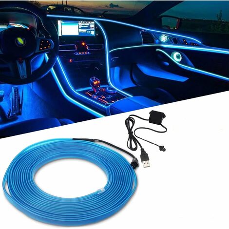 Cables de luz de coche de 5M, cable USB de neón azul para Interior de coche, cable de neón de 5V para decoración de borde de luz LED de tira Interior de coche