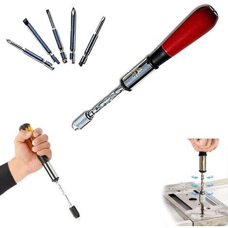 Cacciavite a cricchetto a molla con 5 punte intercambiabili - regolazione tramite pulsante, design compatto ed ergonomico per un facile utilizzo.