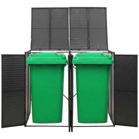 Cache 2 Poubelles Résine Tressée Noir 117 cm de hauteur. Idéal poubelle sur roulette