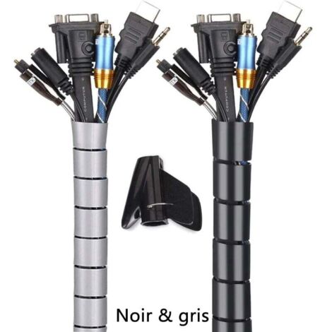 Cache Cable 2 Pack,Flexible Range Cable 2x3m PE Cable Rangement Organisateur de Cable pour Ranger ou Cacher les cables,Gaine pour cables(2.2cm et 1.6cm),Noir et Gris