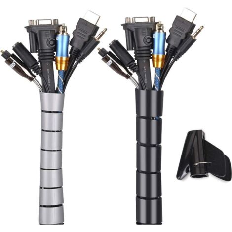 Cache Cable 2 Pack,Flexible Range Cable 2x3m PE Cable Rangement Organisateur de Cable pour Ranger ou Cacher les cables,Gaine pour cables(2.2cm  et 1.6cm),Noir et Gris-RAPANDA