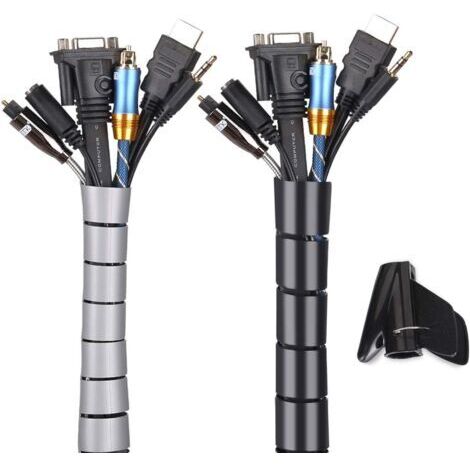 Cache Cable 2 Pack,Flexible Range Cable 2x3m PE Cable Rangement Organisateur de Cable pour Ranger ou Cacher les cables,Gaine pour cables(2.2cm  et 1.6cm),Noir et Gris-RAPANDA