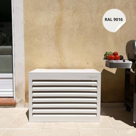 Cache climatiseur extérieur en aluminium blanc RAL9016 – Dimensions L 110 x H 80 x P 55 cm – Résistant aux intempéries et UV