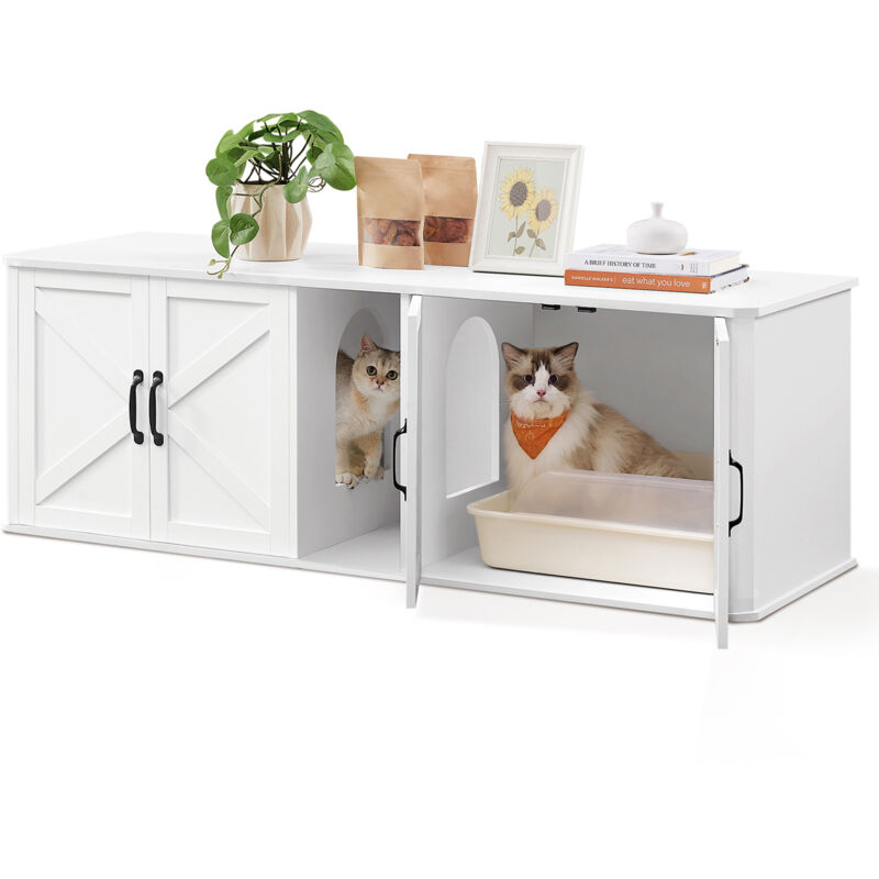 Cache-Litière pour 2 Chats, Meuble de Litière, Entrée Frontale, Peut Être Utilisé comme Table, Meuble tv, 145,6 x 48,5 x 50 cm, Blanc Nuage