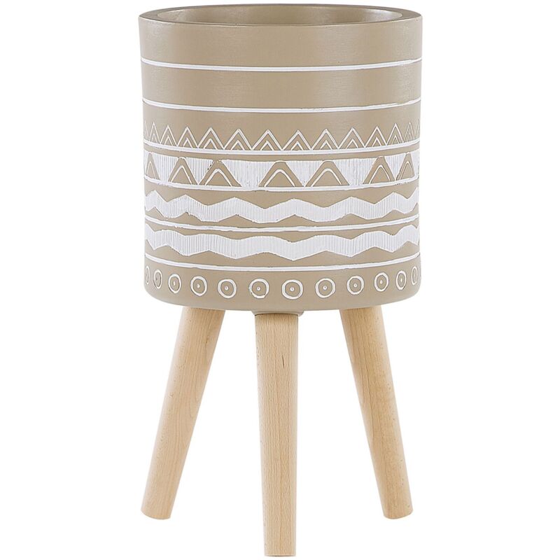 Cache-Pot Support Plantes Beige avec 3 Pieds en Bois 25 cm de Diamètre Motif Ethnique Peint à la Main pour Extérieur et Intérieur Beliani