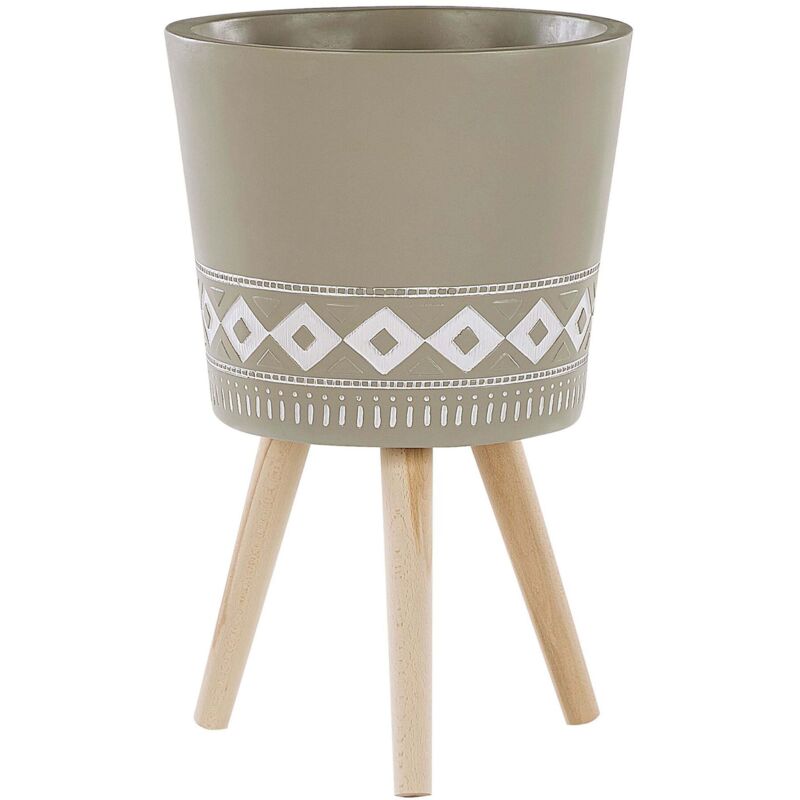 Cache-Pot Support Plantes Beige Taupe avec 3 Pieds en Bois 35 cm de Diamètre Motif Ethnique Peint à la Main pour Extérieur et Intérieur Boho Beliani