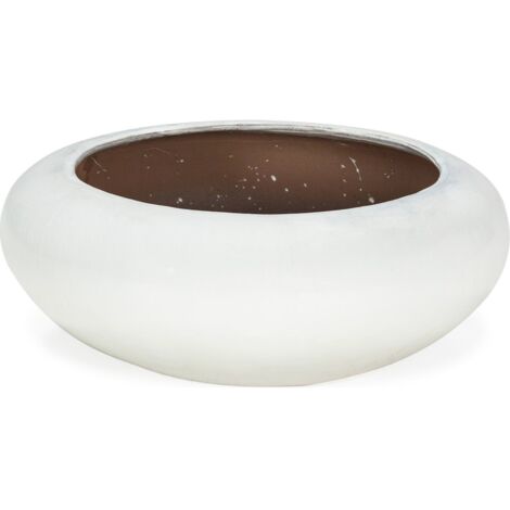 Cache pot blanc en grès avec orifice de drainage élégant - blanc mat intérieur marron