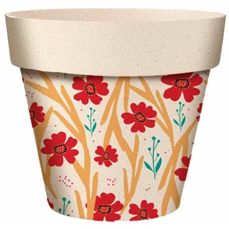 Cache pot en bambou fleurs rouges 15.5 cm
