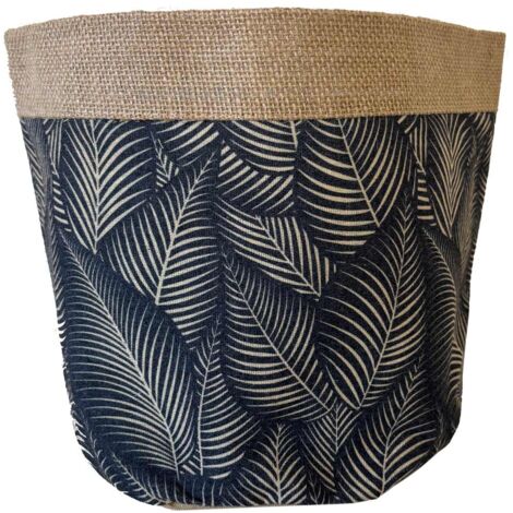 Cache-pot en jute motifs Feuilles sur fond noir 18 cm