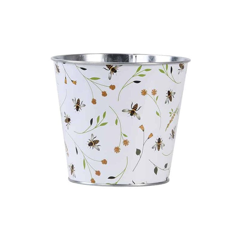 Cache pot blanc en zinc imprimé abeilles 16 cm Cache pot blanc en zinc imprimé abeilles 16 cm