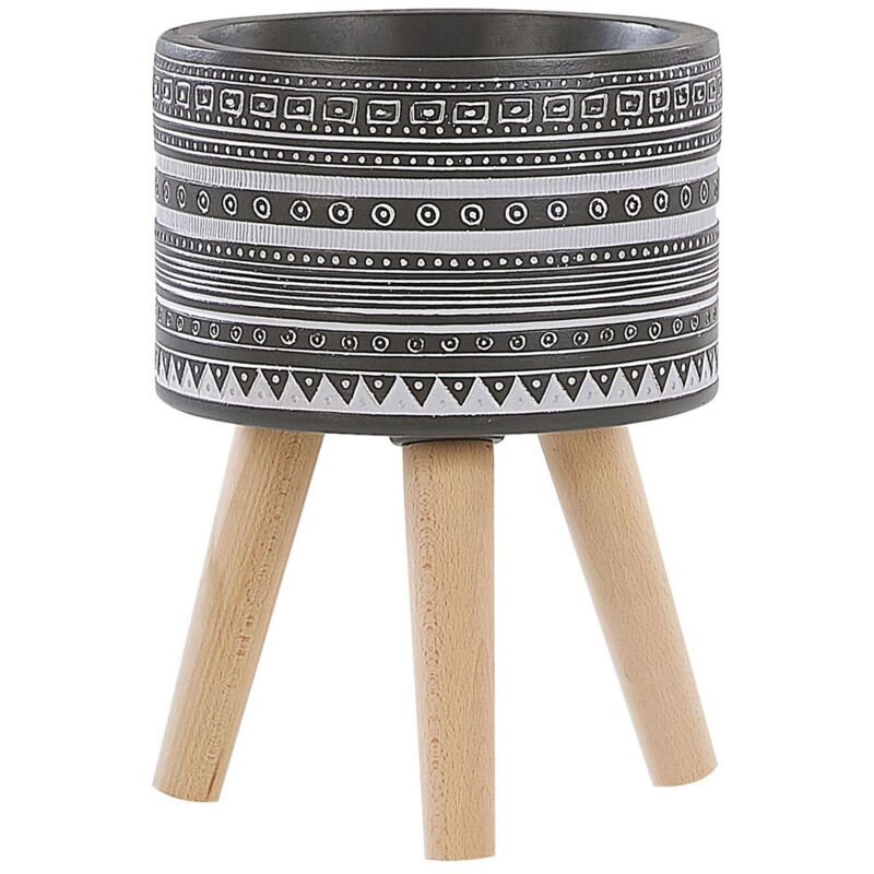 Cache-Pot Support Plantes Gris avec 3 Pieds en Bois 21 cm de Diamètre Motif Ethnique Peint à la Main pour Extérieur et Intérieur Beliani
