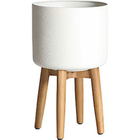 Cache pot kitsch en fer blanc et bois design détachable élégant - Blanc cassé et bois naturel clair