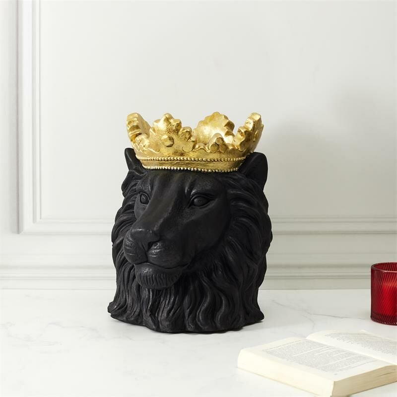 Mobilibrico - Cache Pot Lion Noir Couronne Doree D16cm - noir dore