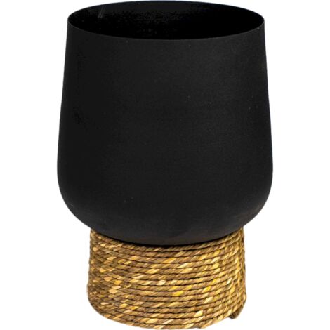 Cache pot métal noir avec base en rotin naturel élégant - noir mat et rotin naturel