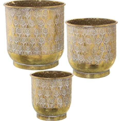 Cache-pot métallique floral pour charme intérieur - Doré avec motifs floraux blancs
