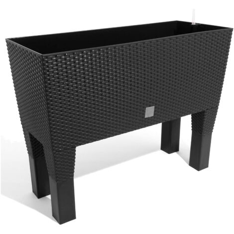 Cache pot résine tressée sur pieds 80 cm – Couleur anthracite – Volume 72 litres – Indicateur de réserve d'eau – Berlan