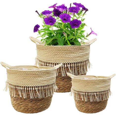 Cache Pot Seagrass - Lot de 3 - Jonc de Mer Naturel - Avec Doublure Étanche - Pour Plantes Intérieur et Rangement - Tailles Variées
