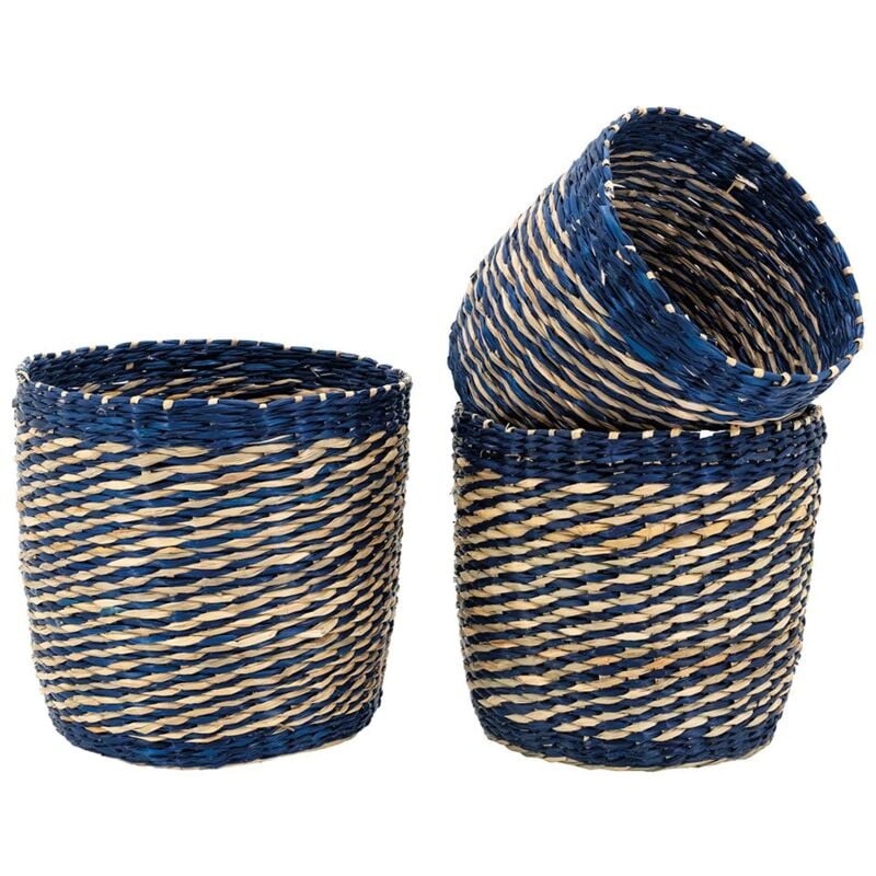 Cache-pots en jonc naturel et bleu (lot de 3)
