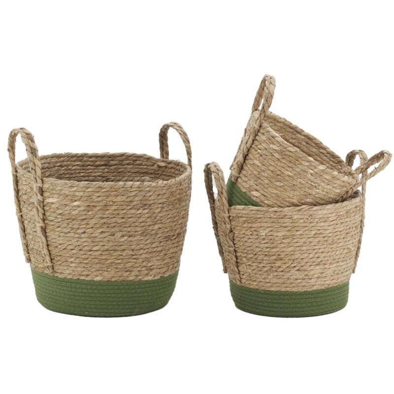 Cache-pots en jonc naturel et coton vert (lot de 3)