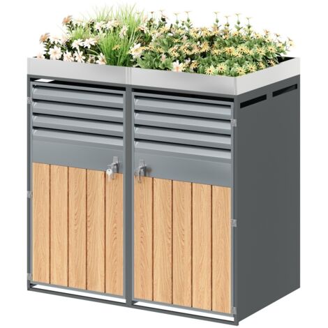 Cache-poubelle 132x80x124,5cm, local à poubelles avec 2 portes verrouillables, ventilation à persiennes, rangement déchets, espace plantation - gris et bois