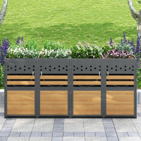 Cache-poubelle 4 bacs 264x80x125 cm, 120-240 litres, porte avec poignée et 4 clés, 4 portes, jardinière, aspect bois, acier, anthracite - Gris