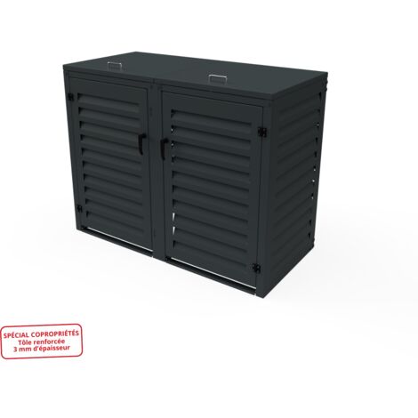 Cache Poubelle Double en Aluminium thermolaqué Spécial Copropriété (3mm) - 2x360 Litres - Gris anthracite