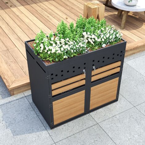 Cache-poubelle double en métal, toit de plante verte plaçable, pour 120-240 litres, boîte de rangement pour poubelles, gris
