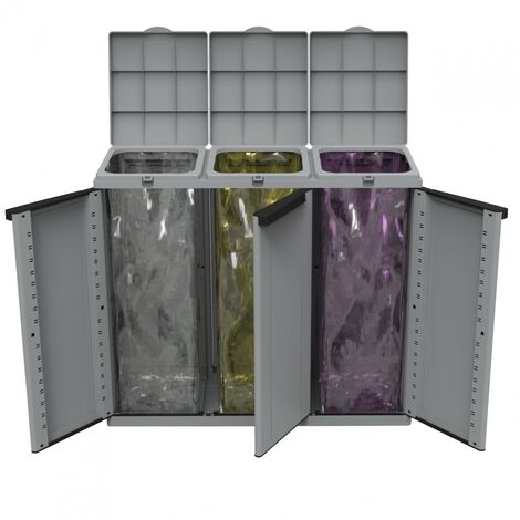 Cache-poubelle en résine antichoc 3 portes – Dimensions 102 x 39 x 89 cm – Ouverture frontale pour extraction facile des sacs – Terry