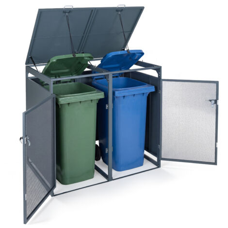 Cache Poubelle Exterieur 2 x 240 L, Abri Poubelle en Métal Galvanisé, avec 2 Portes Verrouillable, Couvercle Rabattable, 132 x 80 x 117 cm, Gris Foncé