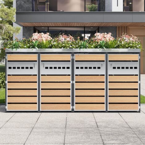 Cache-poubelle Extérieur 4 Portes avec Jardinière, Abri Poubelle Verrouillable avec Aérations en Losange, poubelle en bois massif - Gris
