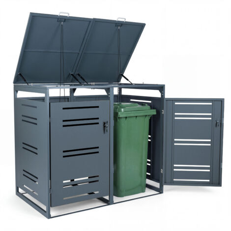 Cache Poubelle Exterieur pour 2 Bacs à Déchets, 1,24 m³ Abri de Jardin en Métal avec Vérin à Gaz, Amortisseur, Portes Verrouillables, Gris