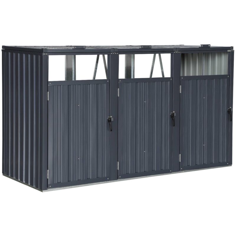 Cache poubelle gris en acier galvanisé. 3 places. l 219 x p 82 x h 124 cm
