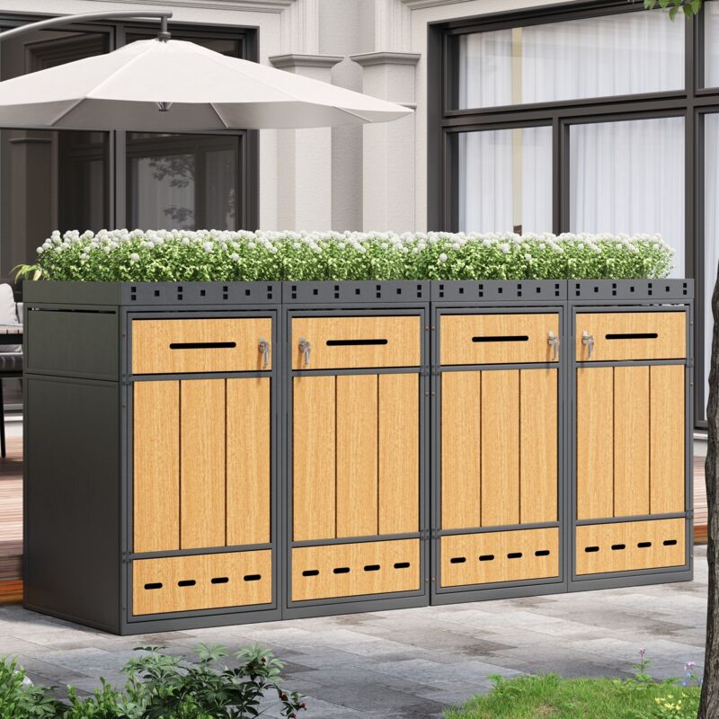 Cache-poubelles 4 places en acier avec toit jardinière, Armoire pour poubelles 120-240 L, Abri poubelle extérieur effet bois et gris, Coffre de