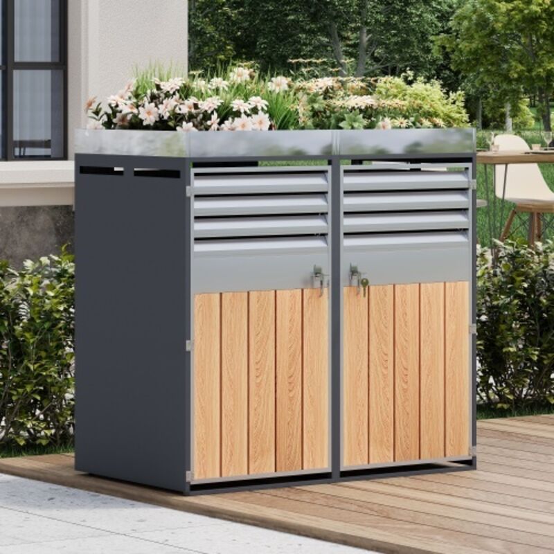 Abri poubelles double verrouillable avec bac à plantes, acier galvanisé, portes à lames, gris et effet bois