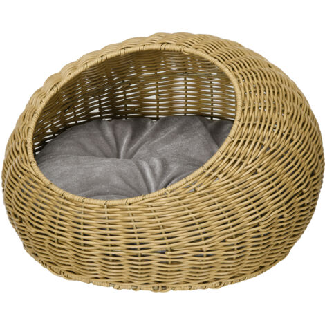 Cache pour chat avec coussin lavable, jusqu'à 4 kg, intérieur, rotin synthétique, Ø50 x 31 cm, marron clair