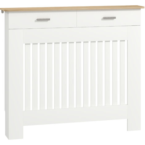 Cache-radiateur à lattes anti-basculement avec tiroir de rangement, en bois, 112x19x97 cm, blanc