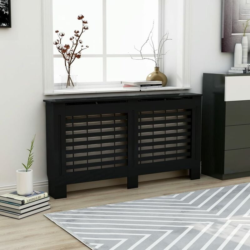 Couverture du radiateur noir dans les lattes horizontales variées du mdf Taille : 152x19x81 cm