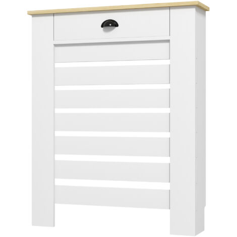 Cache-radiateur blanc à lattes horizontales avec 2 tiroirs en bois 78x19x95,5 cm
