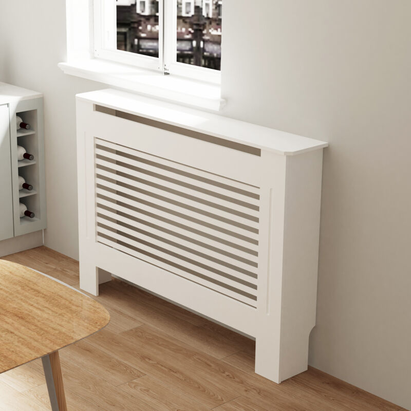 Cache Radiateur Design - Hauteur Intérieure 100cm- Couver Blanc Moderne avec Lattes Horizontales - M 111 x 19 x 101 cm