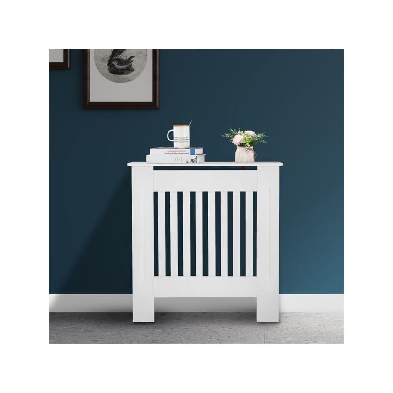 Cache-radiateur Chauffage Moderne-78 x 19 x 81.5cm- MDF Blanc,protecteur de radiateur,lattes, gril, étagère supérieure en bois,Design Traditionnel
