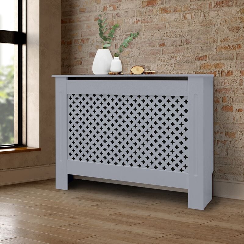 Ecd Germany Cache-Radiateur Chauffage Moderne - 112x19x82 cm - Gris Étagère en Bois mdf Housse Décorative Robuste Motif Nid d'Abeille Murale Meuble