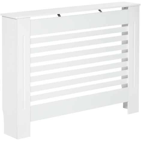 Cache-radiateur en Bois Blanc 112x19x81 cm, Couvre-radiateur Moderne avec Anti-basculement, Lattes et Plan de Travail