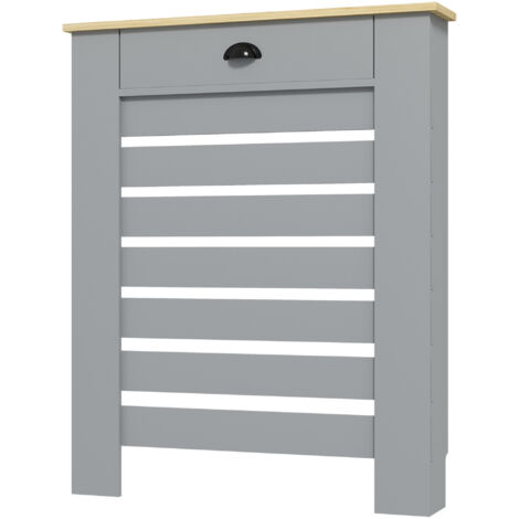 Cache-radiateur en MDF à lattes, Grille de chauffage avec tiroir, 78x19x95.5 cm, Gris