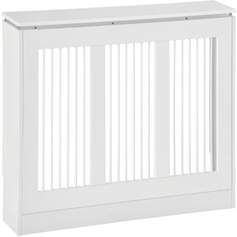 Cache-radiateur moderne et élégant à lattes pour la maison, MDF et acier, 90x18x84cm, blanc