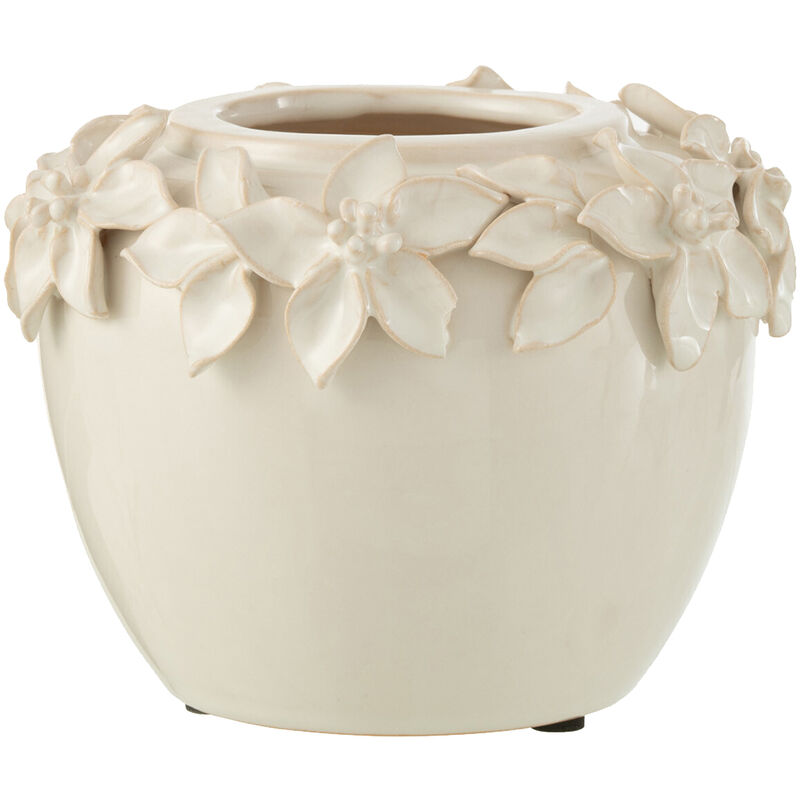 Zen Et Ethnique - Cache pot en céramique blanche orné de fleurs