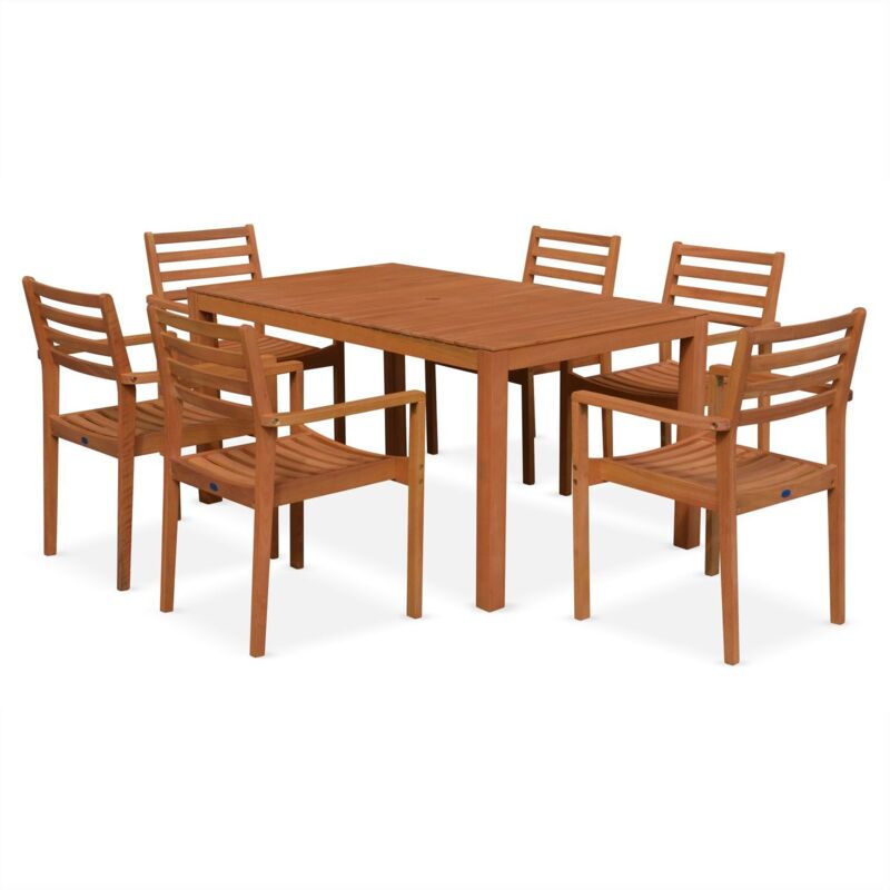 Cadaques Wooden Garden Table Set 150cm Rectangular 6 Chairs With Armrests Made From Fsc Certified Eucalyptus Wood