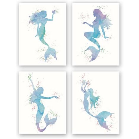 Cadeau de Noël Gracieux mouvement sirène aquarelle estampes, légende de la mer, ensemble de 4 (8 x 10) impression sur toile sans cadre, excellent cadeau pour les filles chambre salle de bain décoratio