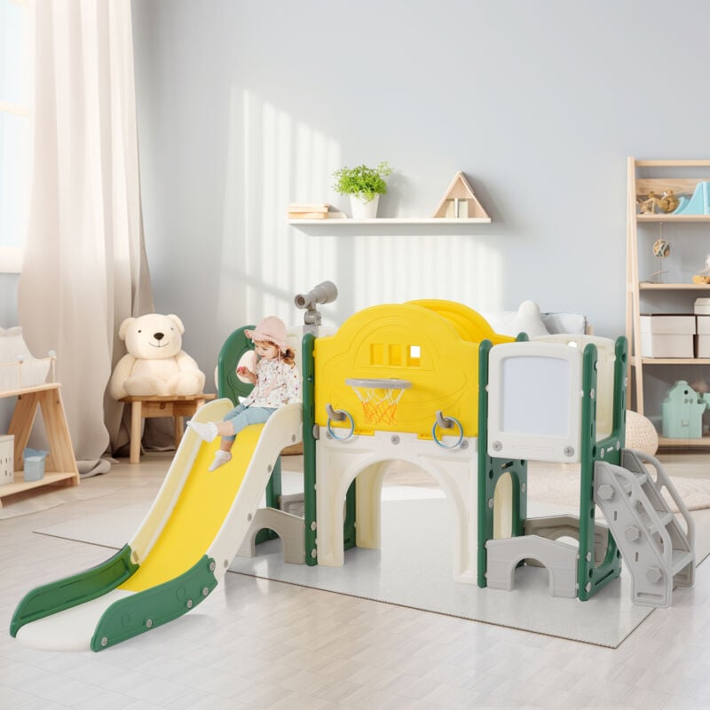 Hauss Spole - Cadeau de Noël Toboggan 10 en 1 enfants avec Glissière, Escalade, Forage, Cadre De Basket, hdpe, vert+jaune