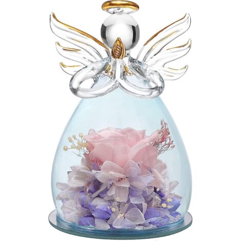 Cadeau pour la fête des mères ou l'anniversaire de maman : statuette d'ange en verre ornée de jolies fleurs violettes - 11 x 7,5 cm - Rose chair