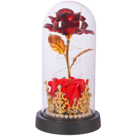 Cadeau pour la fête des mères : Rose éternelle avec couronne, fleur éternelle sous cloche LED, rose éternelle sous verre, rouge